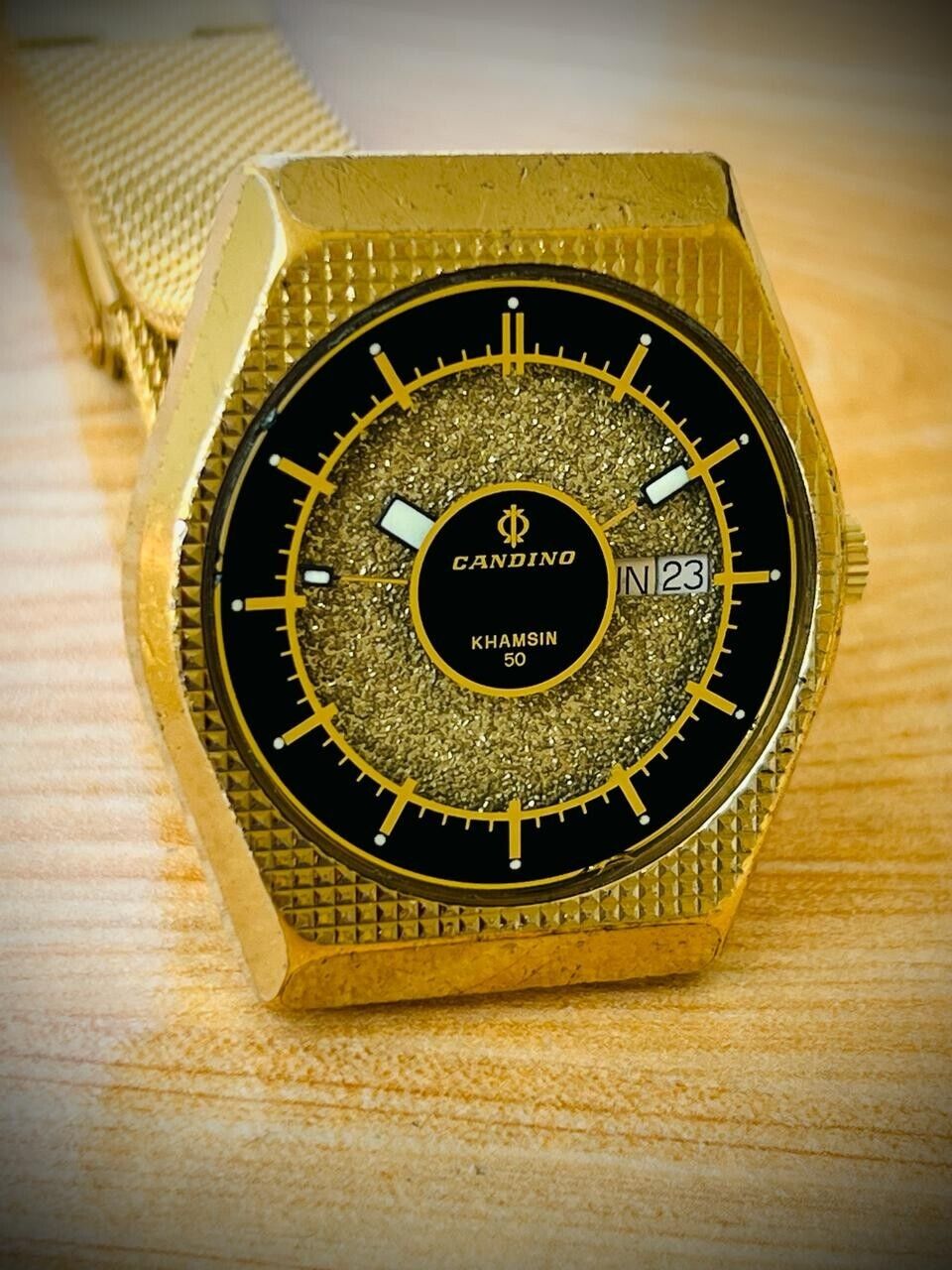 Vintage Candino Khamsin 50 Automatic Gold Dial 39mm Mens Watch, Swiss, Rare