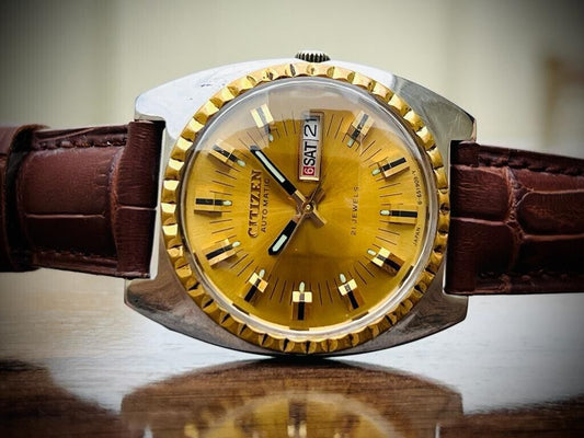 Vintage Citizen Stunning Dial Automatic Diamond Cut Glass Mens Watch, Perfect - Grab A Watch Co