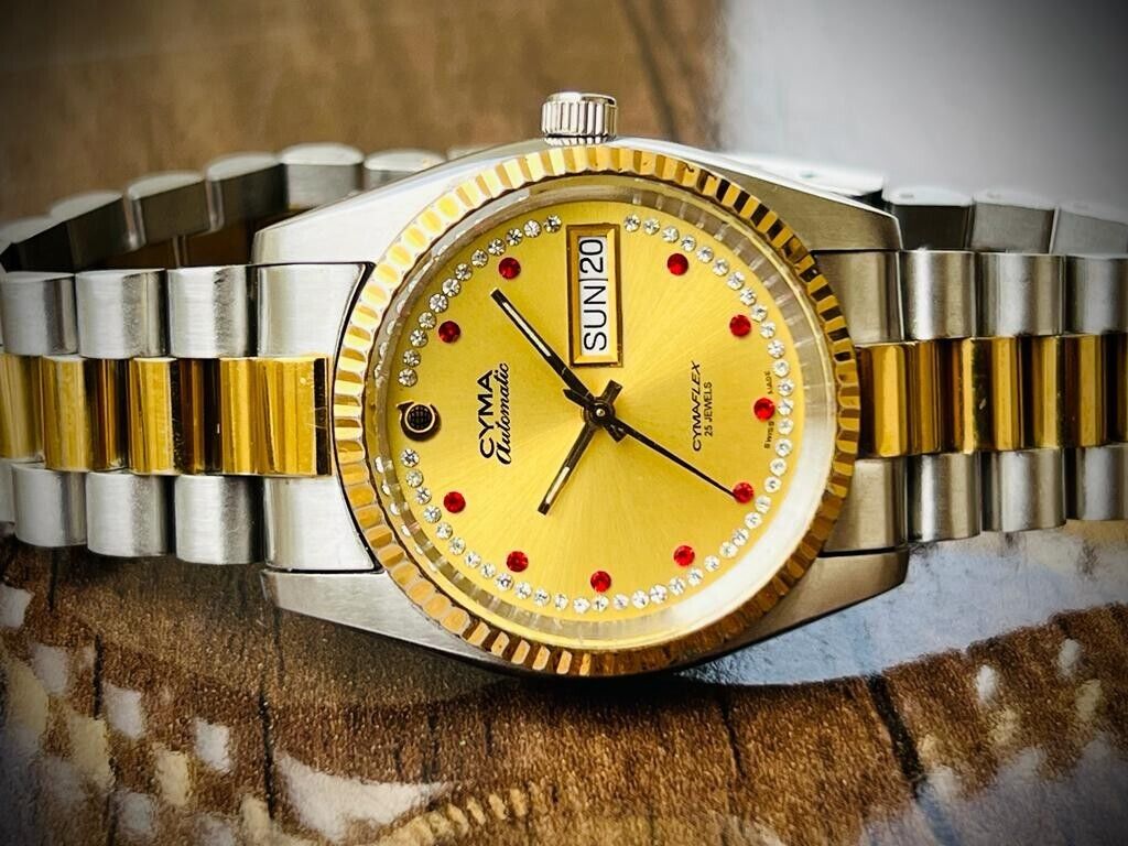 Vintage Cyma Cymaflex Ruby & Diamond Dial President Automatic Mens Watch, 36mm - Grab A Watch Co