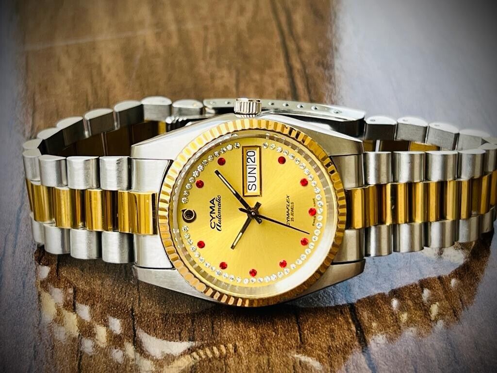 Vintage Cyma Cymaflex Ruby & Diamond Dial President Automatic Mens Watch, 36mm - Grab A Watch Co