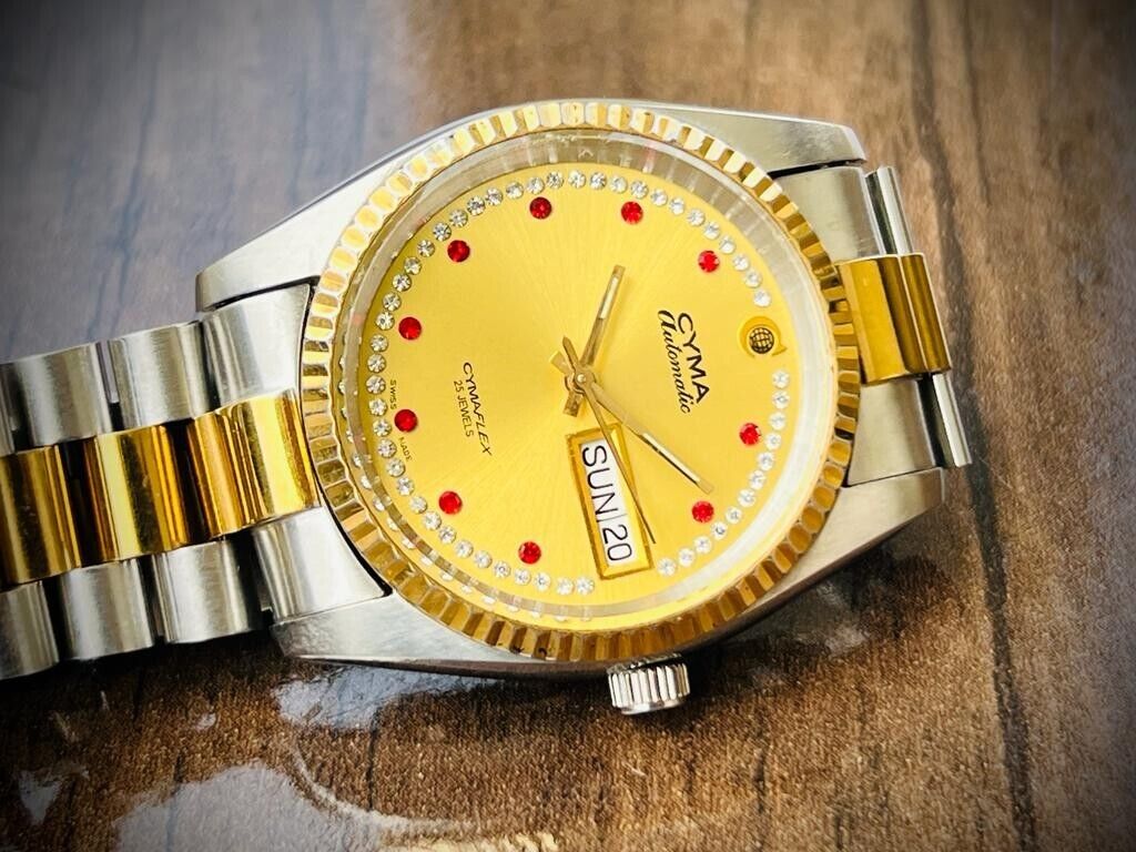 Vintage Cyma Cymaflex Ruby & Diamond Dial President Automatic Mens Watch, 36mm - Grab A Watch Co