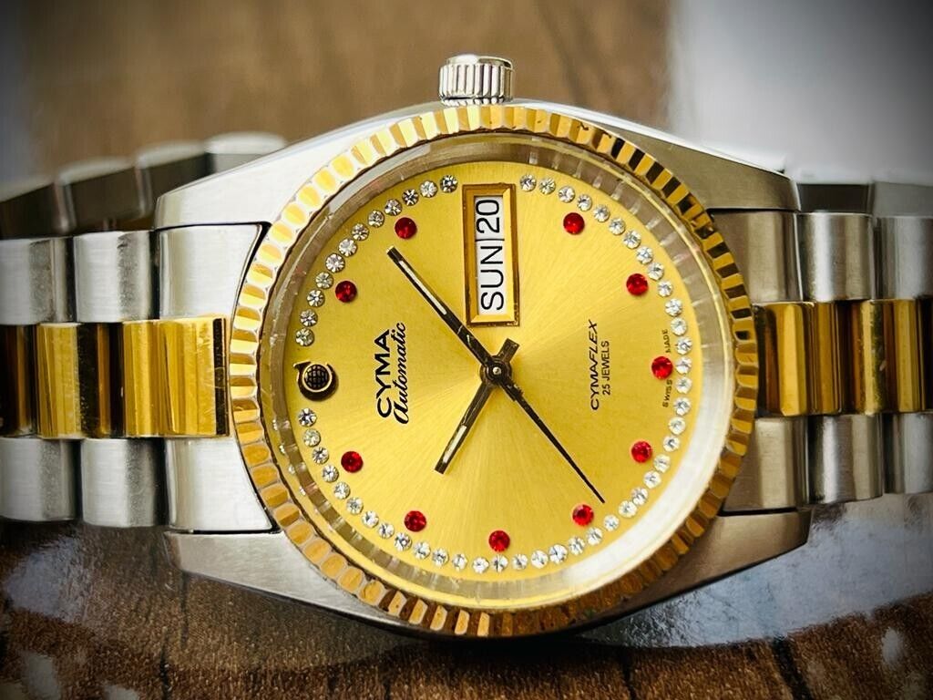 Vintage Cyma Cymaflex Ruby & Diamond Dial President Automatic Mens Watch, 36mm - Grab A Watch Co