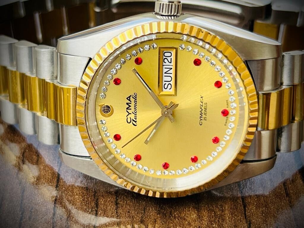 Vintage Cyma Cymaflex Ruby & Diamond Dial President Automatic Mens Watch, 36mm - Grab A Watch Co