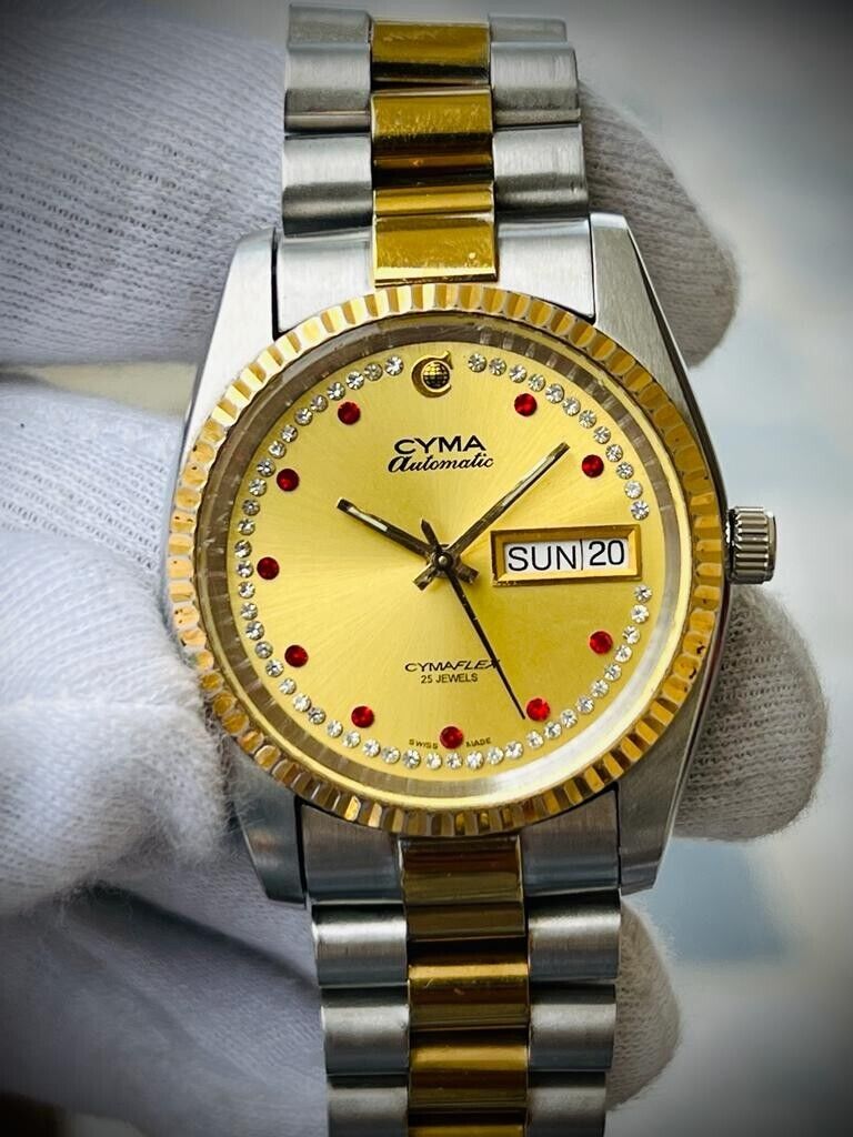 Vintage Cyma Cymaflex Ruby & Diamond Dial President Automatic Mens Watch, 36mm - Grab A Watch Co