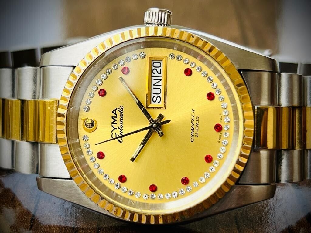 Vintage Cyma Cymaflex Ruby & Diamond Dial President Automatic Mens Watch, 36mm - Grab A Watch Co