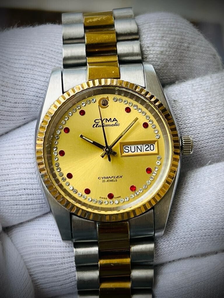 Vintage Cyma Cymaflex Ruby & Diamond Dial President Automatic Mens Watch, 36mm - Grab A Watch Co