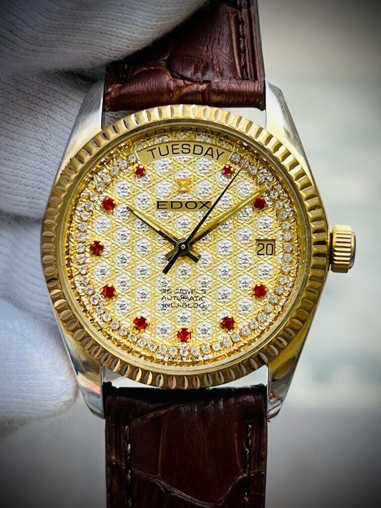 Vintage Edox Diamond & Ruby Dial Quartz 36mm Swiss NOS Slim Mens Watch - Grab A Watch Co