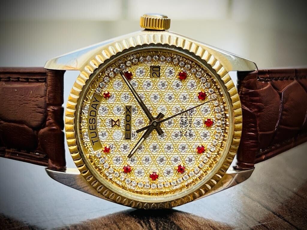 Vintage Edox Diamond & Ruby Dial Quartz 36mm Swiss NOS Slim Mens Watch - Grab A Watch Co