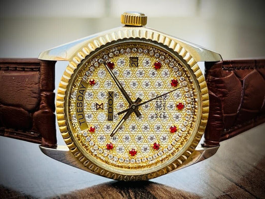 Vintage Edox Diamond & Ruby Dial Quartz 36mm Swiss NOS Slim Mens Watch - Grab A Watch Co