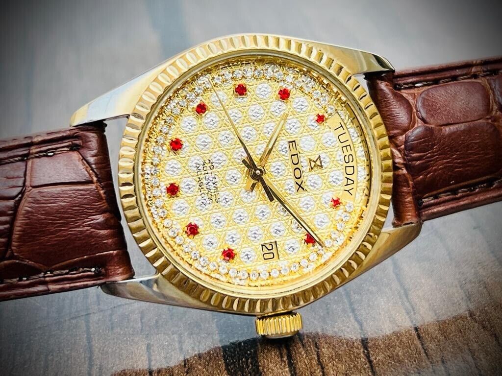 Vintage Edox Diamond & Ruby Dial Quartz 36mm Swiss NOS Slim Mens Watch - Grab A Watch Co
