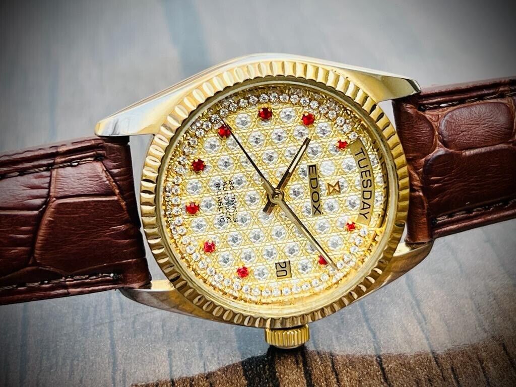 Vintage Edox Diamond & Ruby Dial Quartz 36mm Swiss NOS Slim Mens Watch - Grab A Watch Co