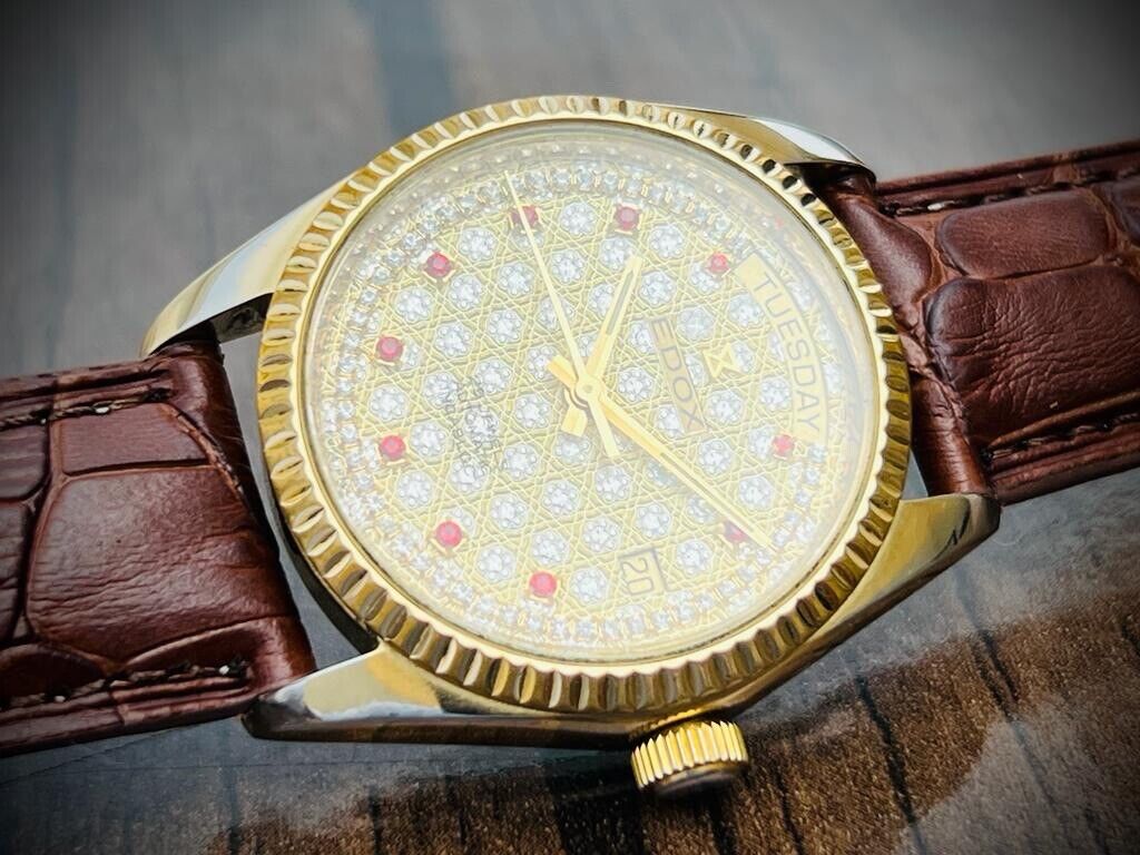 Vintage Edox Diamond & Ruby Dial Quartz 36mm Swiss NOS Slim Mens Watch - Grab A Watch Co