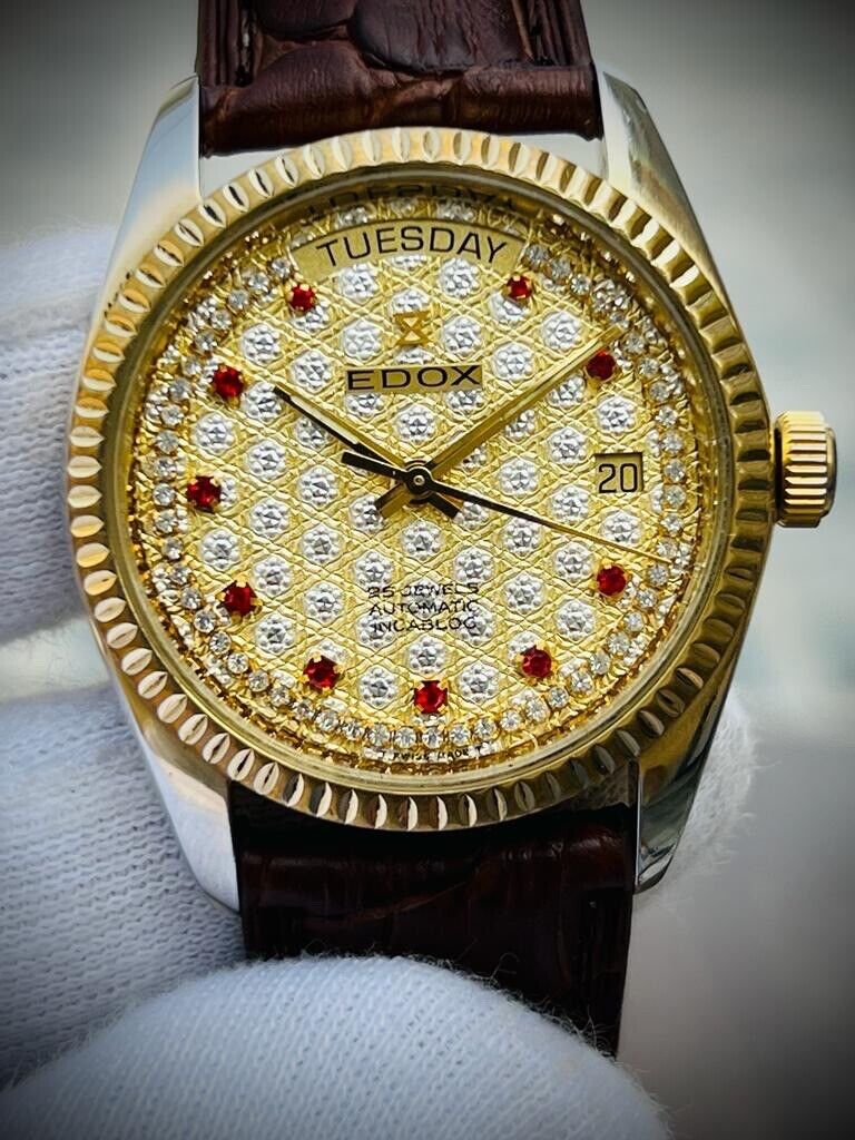 Vintage Edox Diamond & Ruby Dial Quartz 36mm Swiss NOS Slim Mens Watch - Grab A Watch Co
