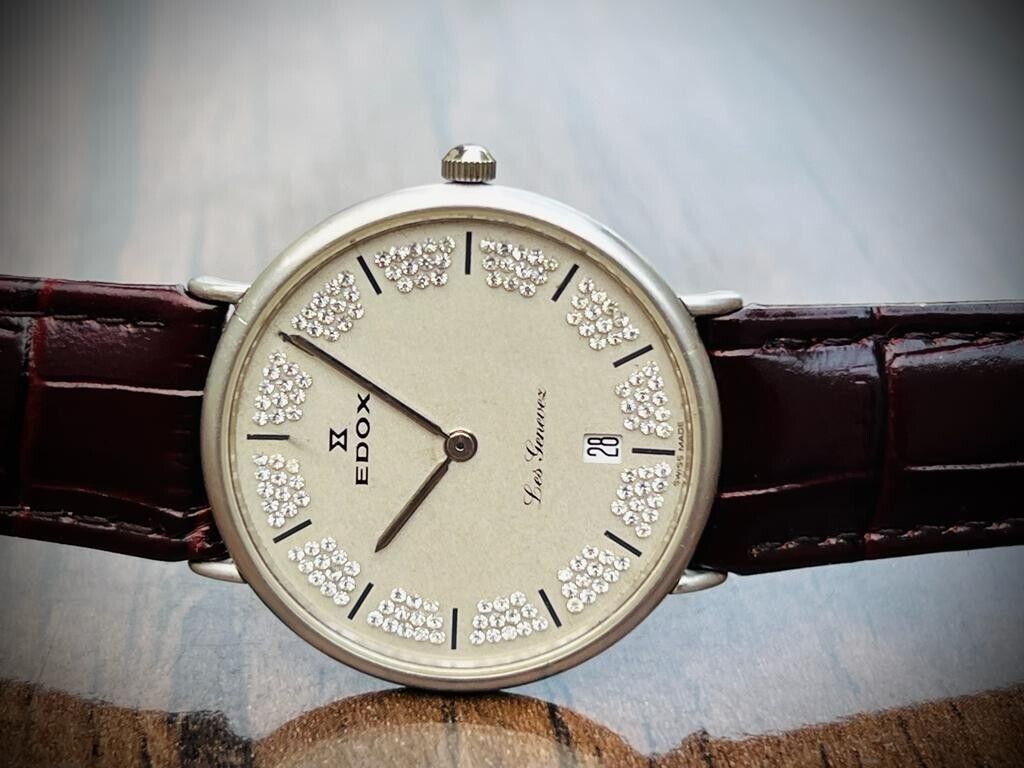 Vintage Edox Les Geneve Diamond Dial Quartz 34mmmm Swiss NOS Slim Mens Watch - Grab A Watch Co