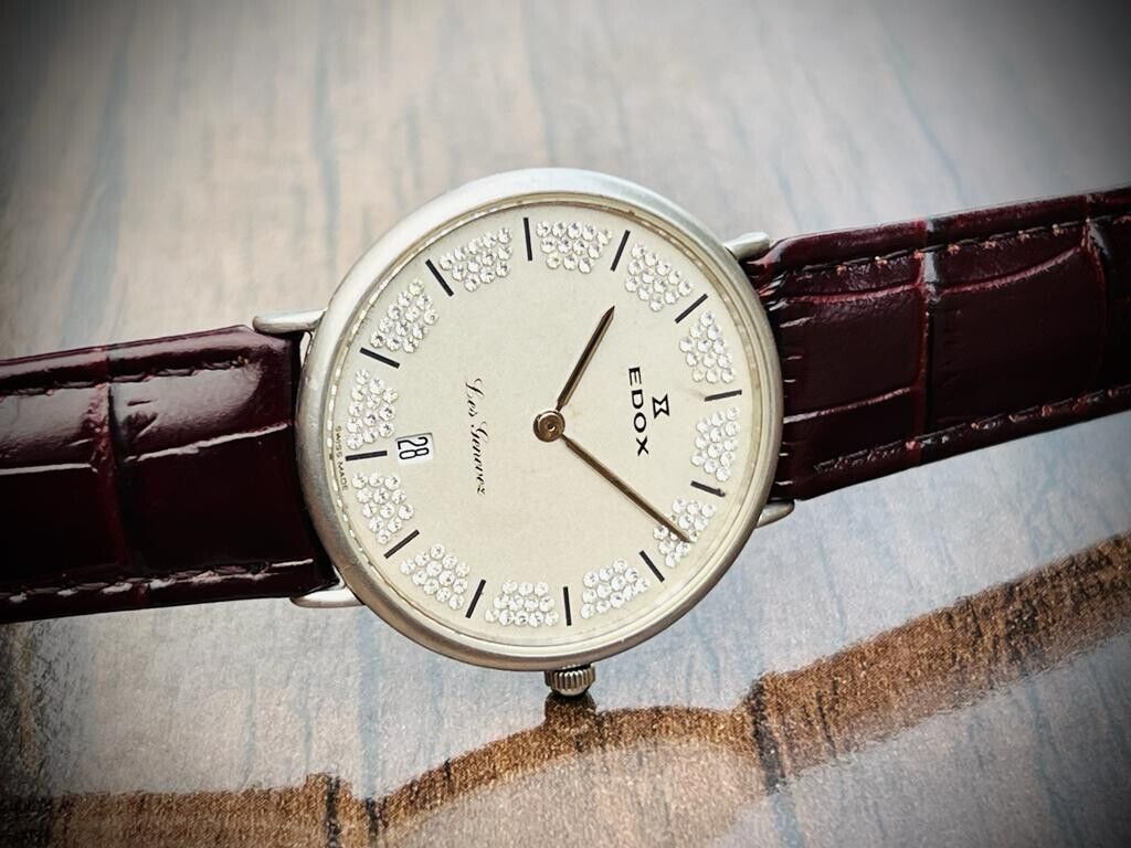 Vintage Edox Les Geneve Diamond Dial Quartz 34mmmm Swiss NOS Slim Mens Watch - Grab A Watch Co