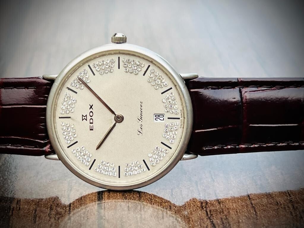 Vintage Edox Les Geneve Diamond Dial Quartz 34mmmm Swiss NOS Slim Mens Watch - Grab A Watch Co