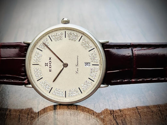 Vintage Edox Les Geneve Diamond Dial Quartz 34mmmm Swiss NOS Slim Mens Watch - Grab A Watch Co