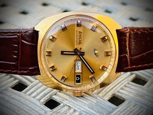Vintage Enicar Automatic Day/Date Gold Dial Swiss Made NOS 36mm Gents Watch - Grab A Watch Co
