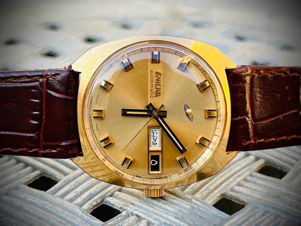 Vintage Enicar Automatic Day/Date Gold Dial Swiss Made NOS 36mm Gents Watch - Grab A Watch Co