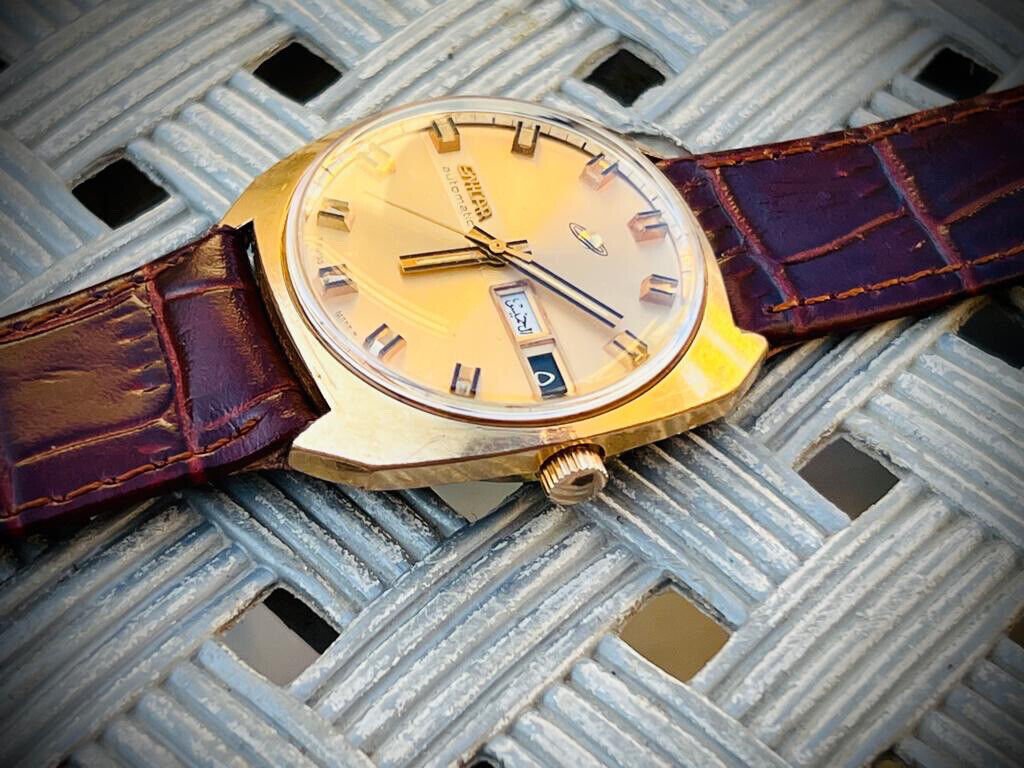 Vintage Enicar Automatic Day/Date Gold Dial Swiss Made NOS 36mm Gents Watch - Grab A Watch Co
