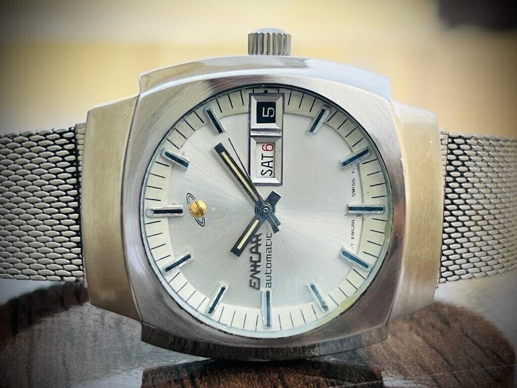 Vintage Enicar Automatic Day/Date Silver Dial Swiss Made NOS 35mm Gents Watch - Grab A Watch Co