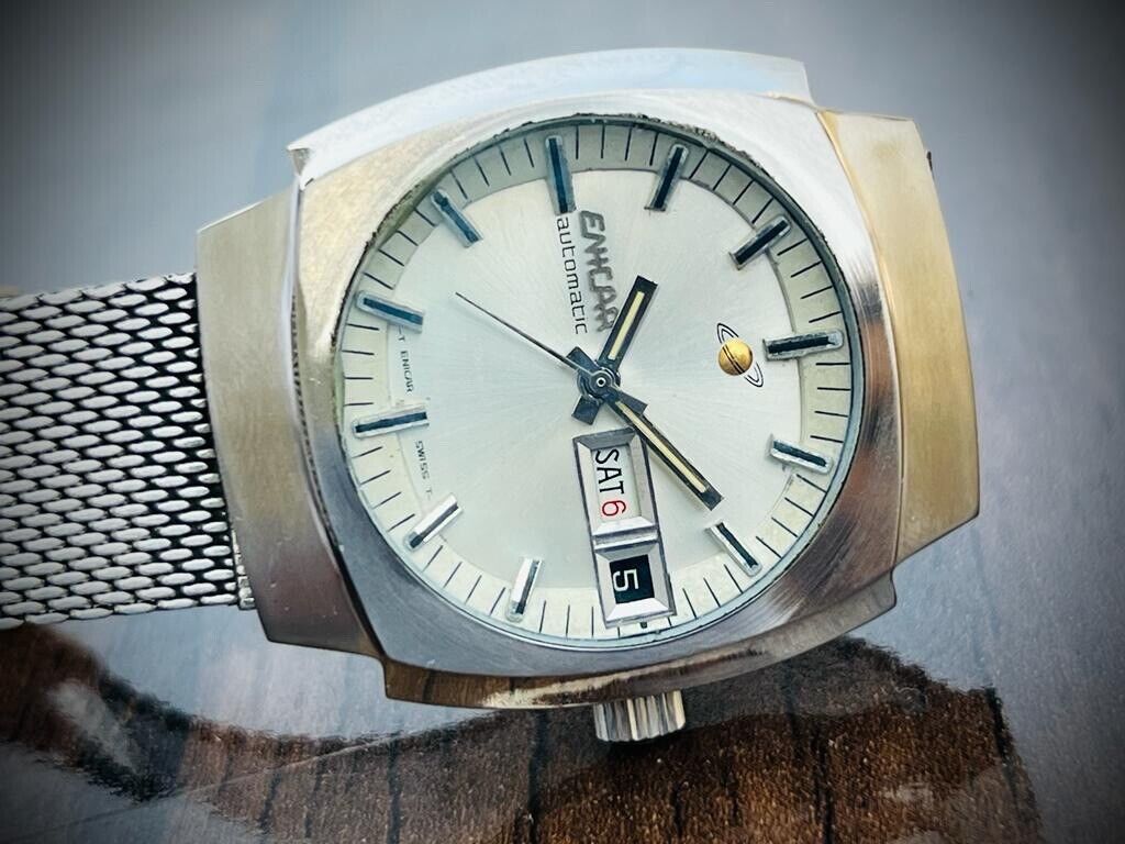 Vintage Enicar Automatic Day/Date Silver Dial Swiss Made NOS 35mm Gents Watch - Grab A Watch Co