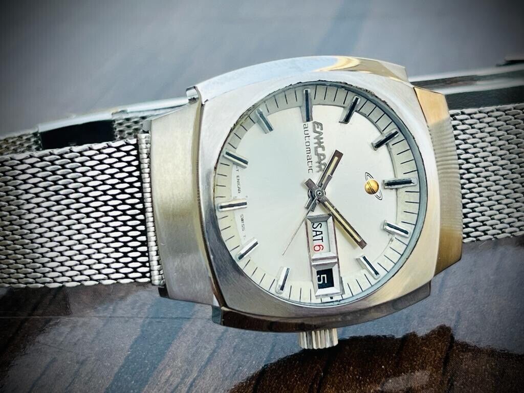 Vintage Enicar Automatic Day/Date Silver Dial Swiss Made NOS 35mm Gents Watch - Grab A Watch Co