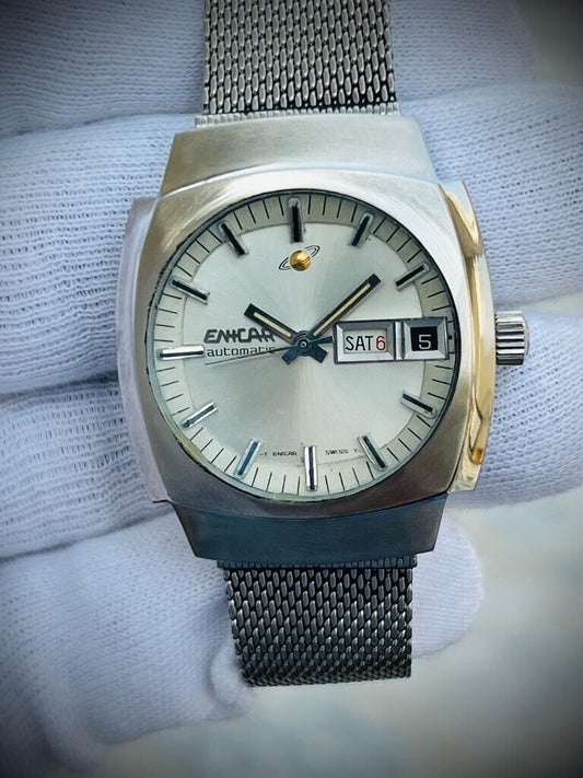 Vintage Enicar Automatic Day/Date Silver Dial Swiss Made NOS 35mm Gents Watch - Grab A Watch Co