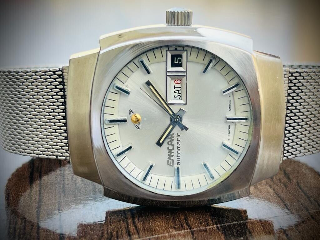 Vintage Enicar Automatic Day/Date Silver Dial Swiss Made NOS 35mm Gents Watch - Grab A Watch Co