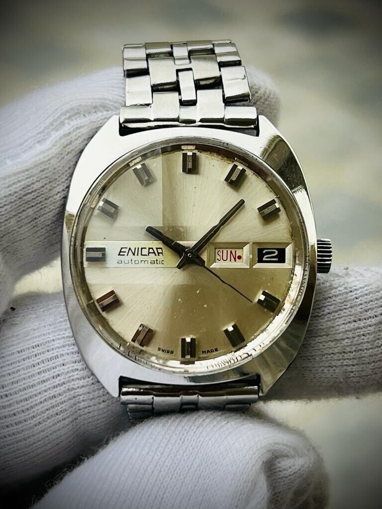 Vintage Enicar Automatic Day/Date Silver Dial Swiss Made NOS 35mm Gents Watch - Grab A Watch Co