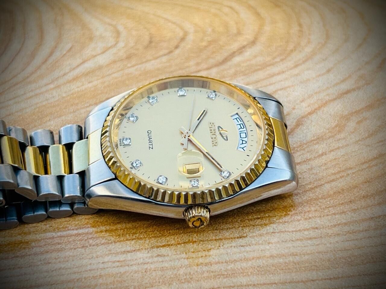 Vintage Enicar Quartz Day/Date Diamond Dial Swiss Made NOS 32mm Gents Watch Slim - Grab A Watch Co