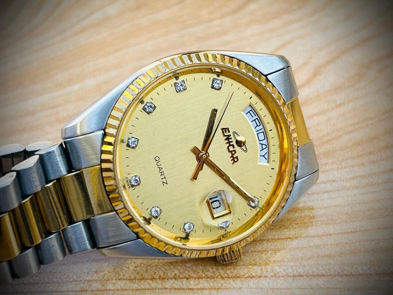 Vintage Enicar Quartz Day/Date Diamond Dial Swiss Made NOS 32mm Gents Watch Slim - Grab A Watch Co