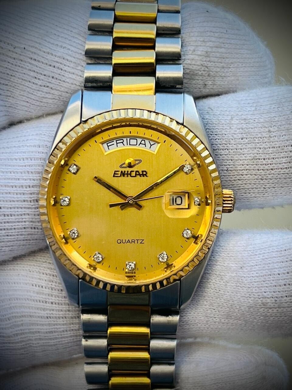 Vintage Enicar Quartz Day/Date Diamond Dial Swiss Made NOS 32mm Gents Watch Slim - Grab A Watch Co