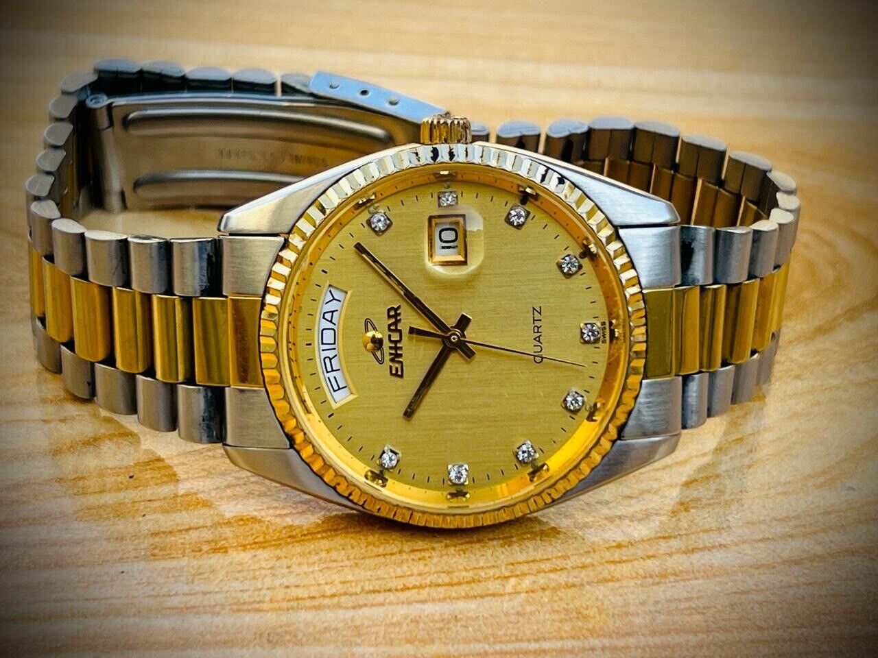 Vintage Enicar Quartz Day/Date Diamond Dial Swiss Made NOS 32mm Gents Watch Slim - Grab A Watch Co