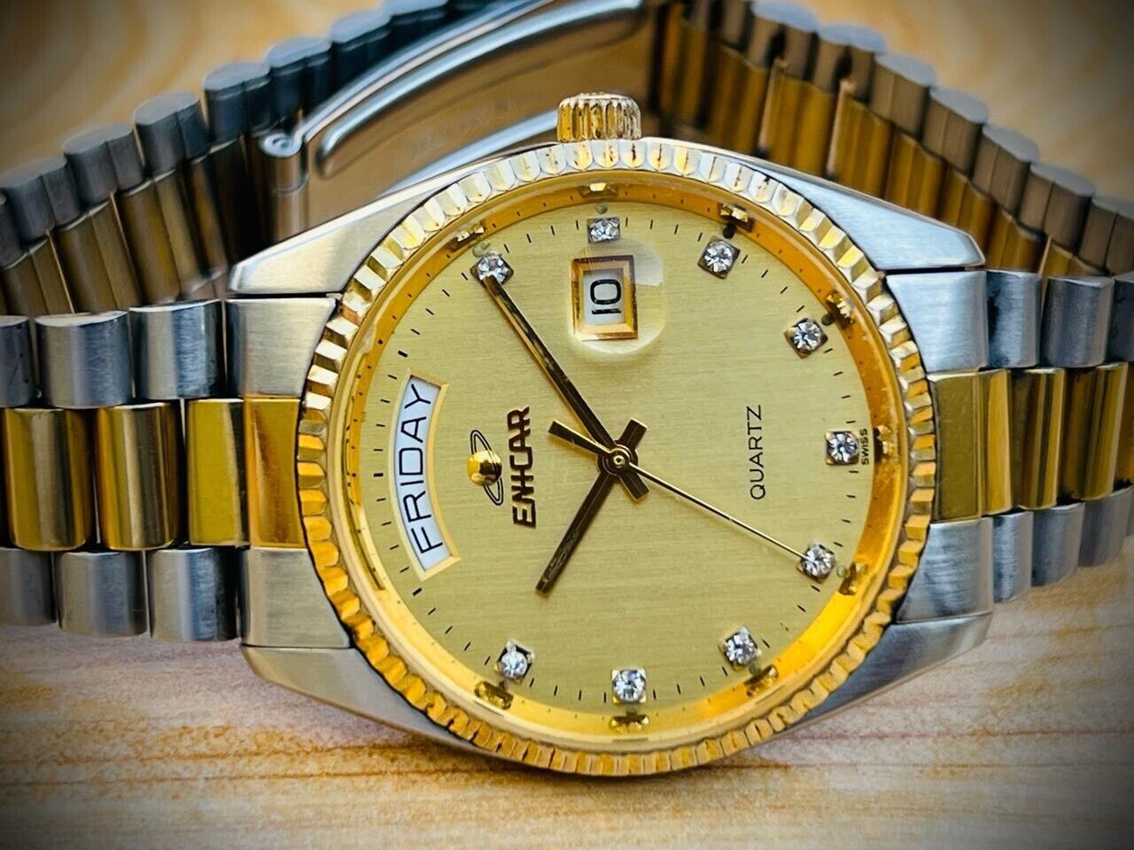 Vintage Enicar Quartz Day/Date Diamond Dial Swiss Made NOS 32mm Gents Watch Slim - Grab A Watch Co