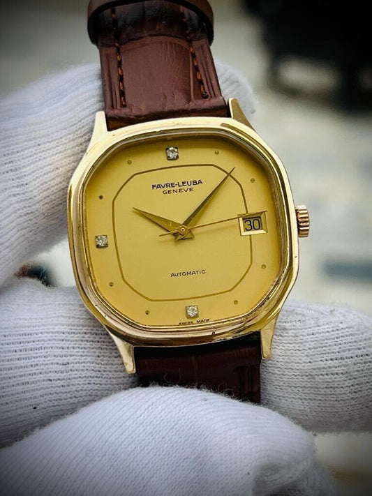 Vintage Favre Leuba Geneve Diamond Dial Automatic Mens Watch 33mm, Perfect - Grab A Watch Co