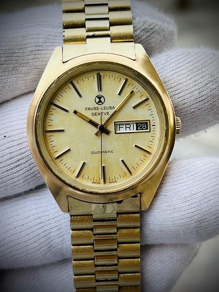 Vintage Favre Leuba Geneve Duomatic Mens Watch 37mm, Perfect - Grab A Watch Co