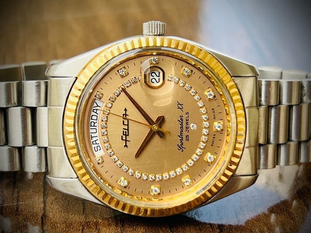 Vintage Felca Sportmaster XX President Diamond Dial Automatic 37mm Mens Watch - Grab A Watch Co