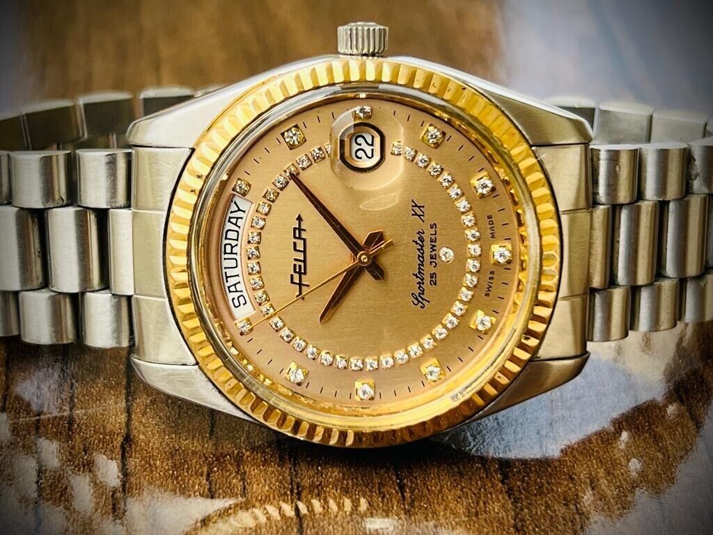 Vintage Felca Sportmaster XX President Diamond Dial Automatic 37mm Mens Watch - Grab A Watch Co