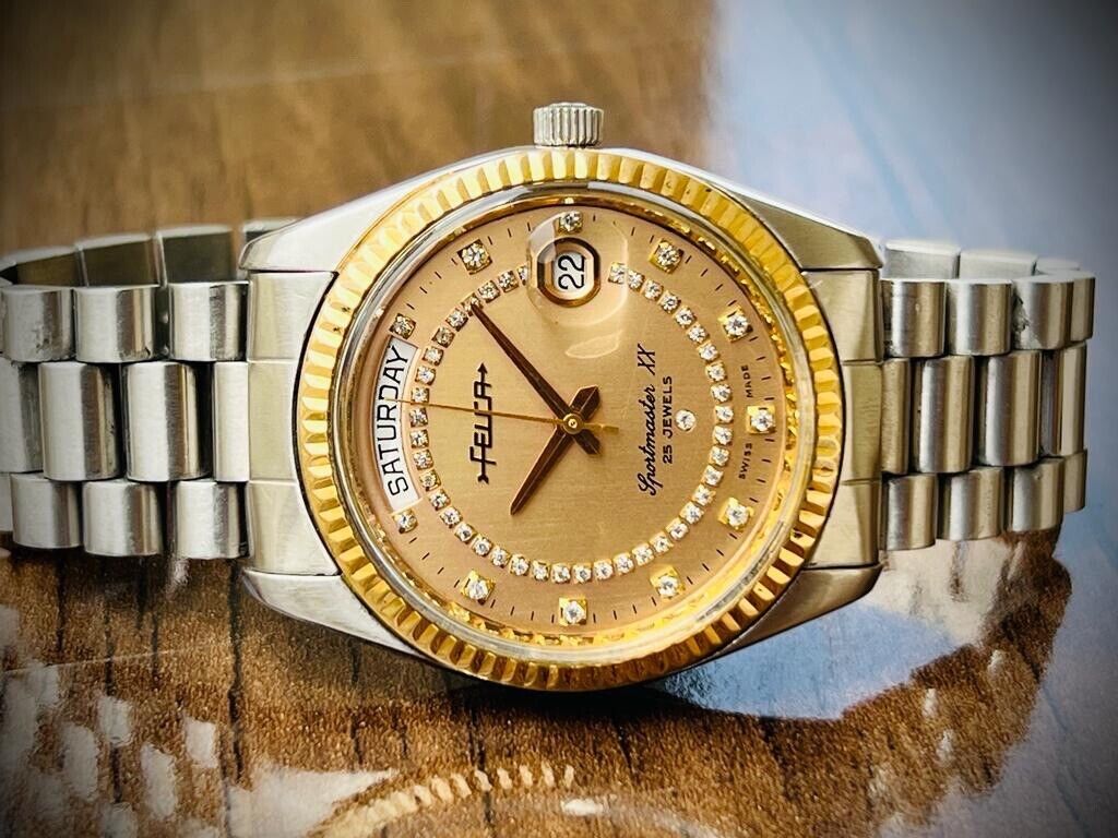Vintage Felca Sportmaster XX President Diamond Dial Automatic 37mm Mens Watch - Grab A Watch Co