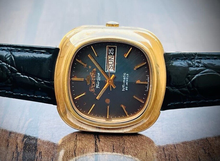 Vintage Fortis Fair Line Hifi Matic Blue Patena Dial Automatic 37mm Mens Watch - Grab A Watch Co