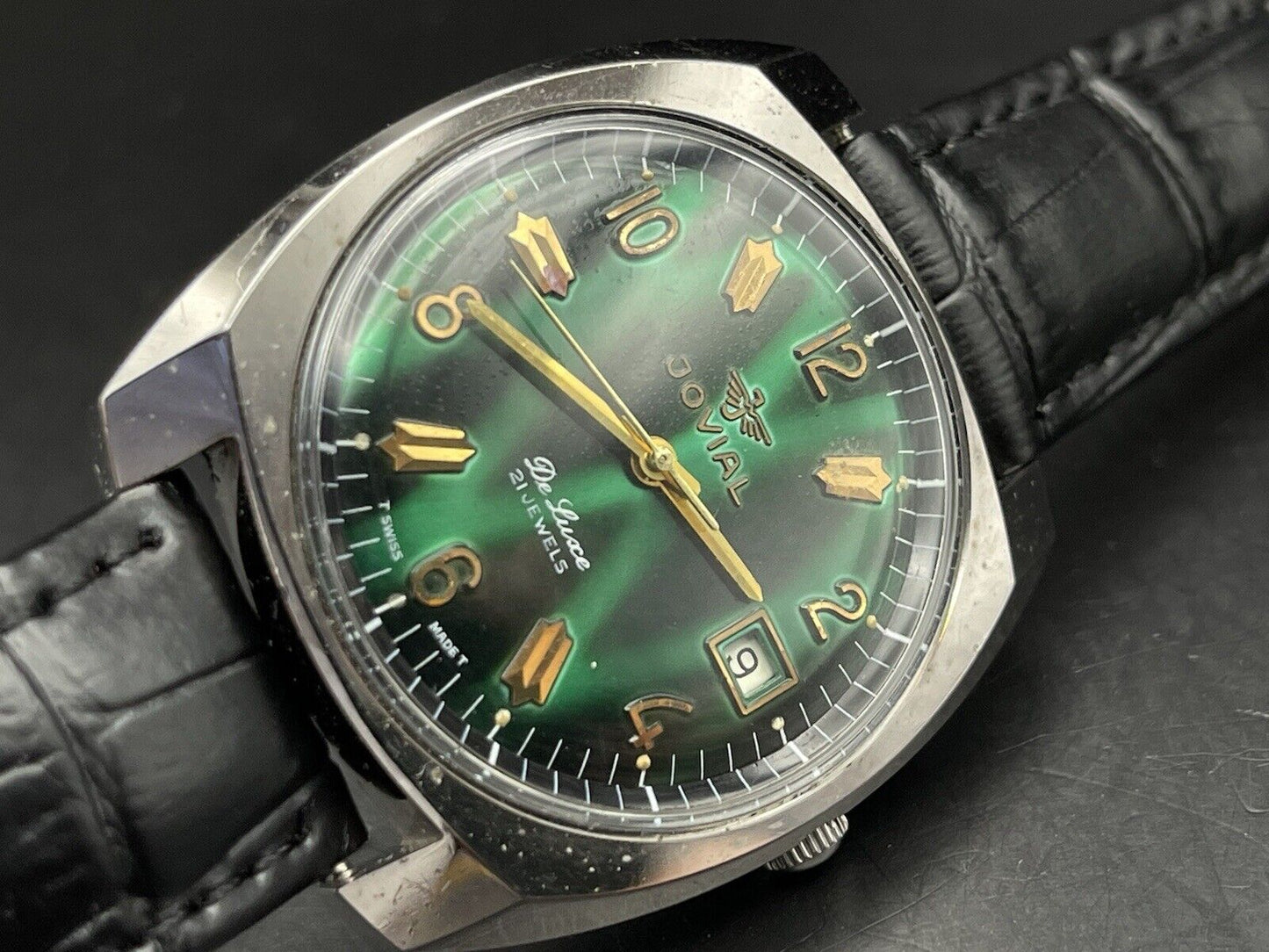 Vintage Jovail De Luce 21 J Green Dial Automatic Gents Watch, Swiss Made - Grab A Watch Co