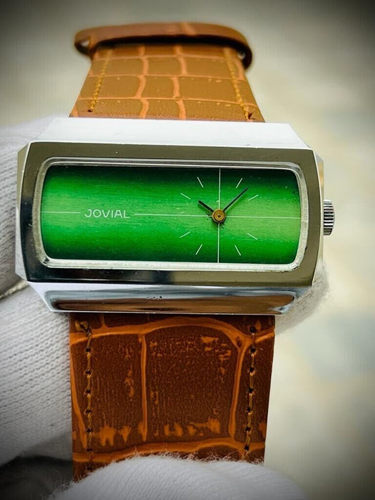 Vintage Jovail Emerald Green Dial Rectangle Manual Wind Watch, 41mm By 27mm - Grab A Watch Co