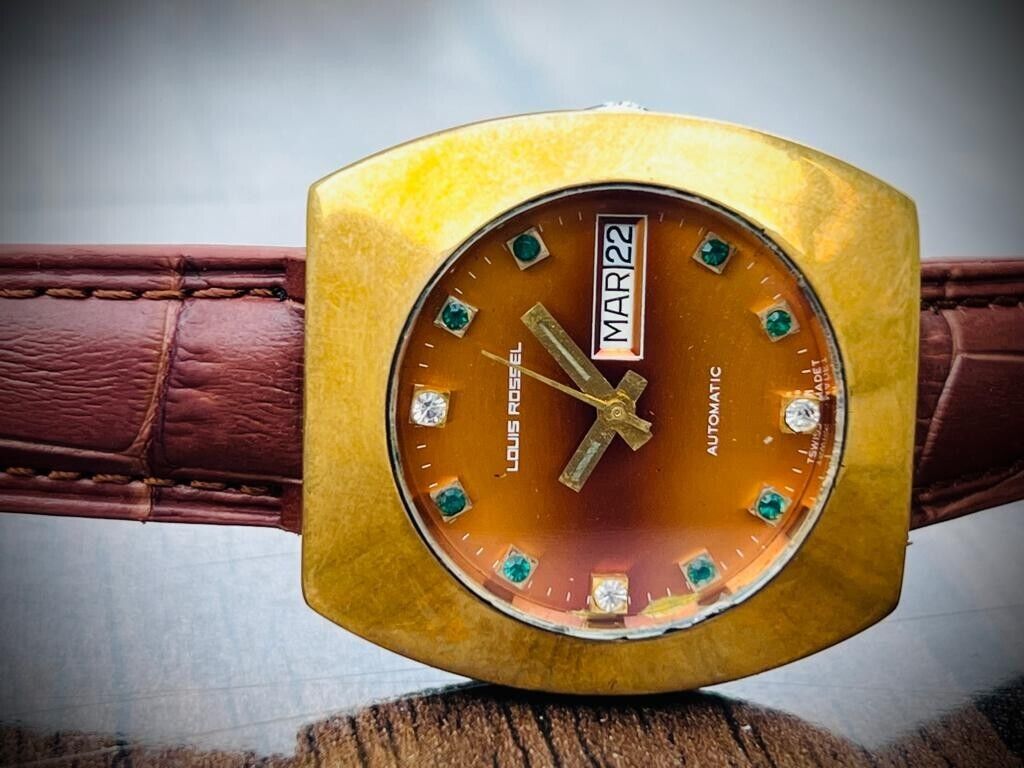 Vintage Louis Rossel Diamond & Emerald Dial 38mm Automatic Mens Watch,Swiss 1624 - Grab A Watch Co