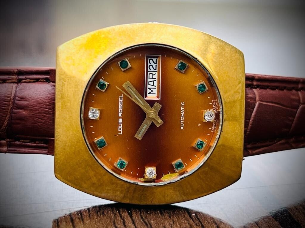 Vintage Louis Rossel Diamond & Emerald Dial 38mm Automatic Mens Watch,Swiss 1624 - Grab A Watch Co