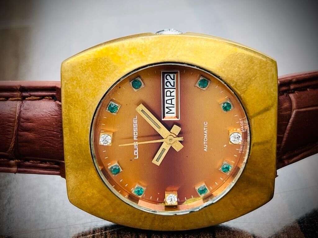 Vintage Louis Rossel Diamond & Emerald Dial 38mm Automatic Mens Watch,Swiss 1624 - Grab A Watch Co