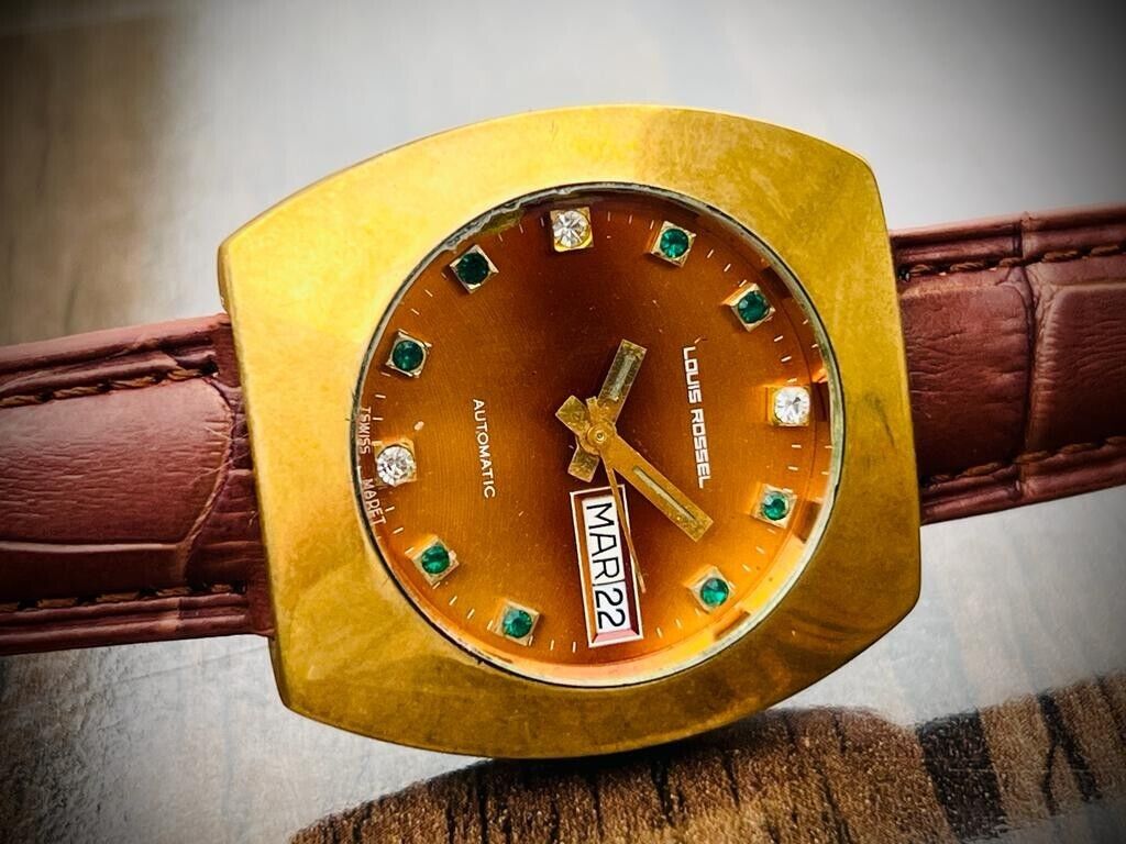 Vintage Louis Rossel Diamond & Emerald Dial 38mm Automatic Mens Watch,Swiss 1624 - Grab A Watch Co
