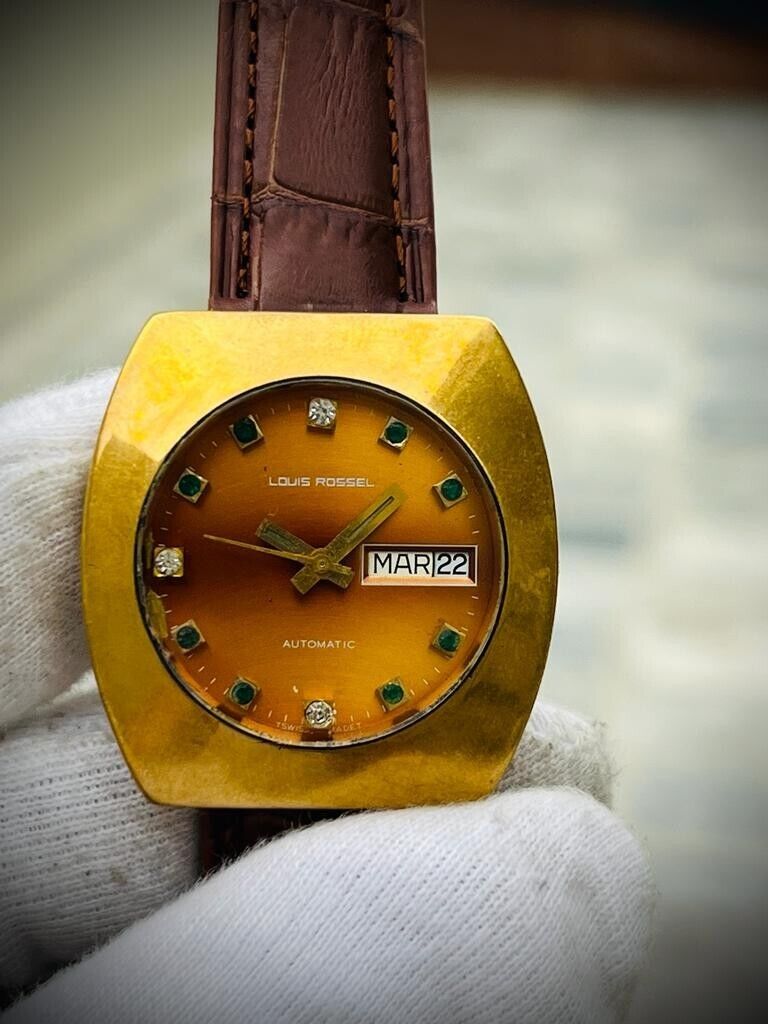 Vintage Louis Rossel Diamond & Emerald Dial 38mm Automatic Mens Watch,Swiss 1624 - Grab A Watch Co