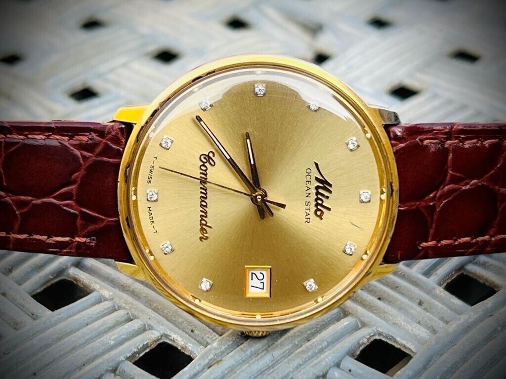 Vintage Mido Ocean Star Commander Diamond Gold Dial Automatic 36mm Swiss NOS - Grab A Watch Co