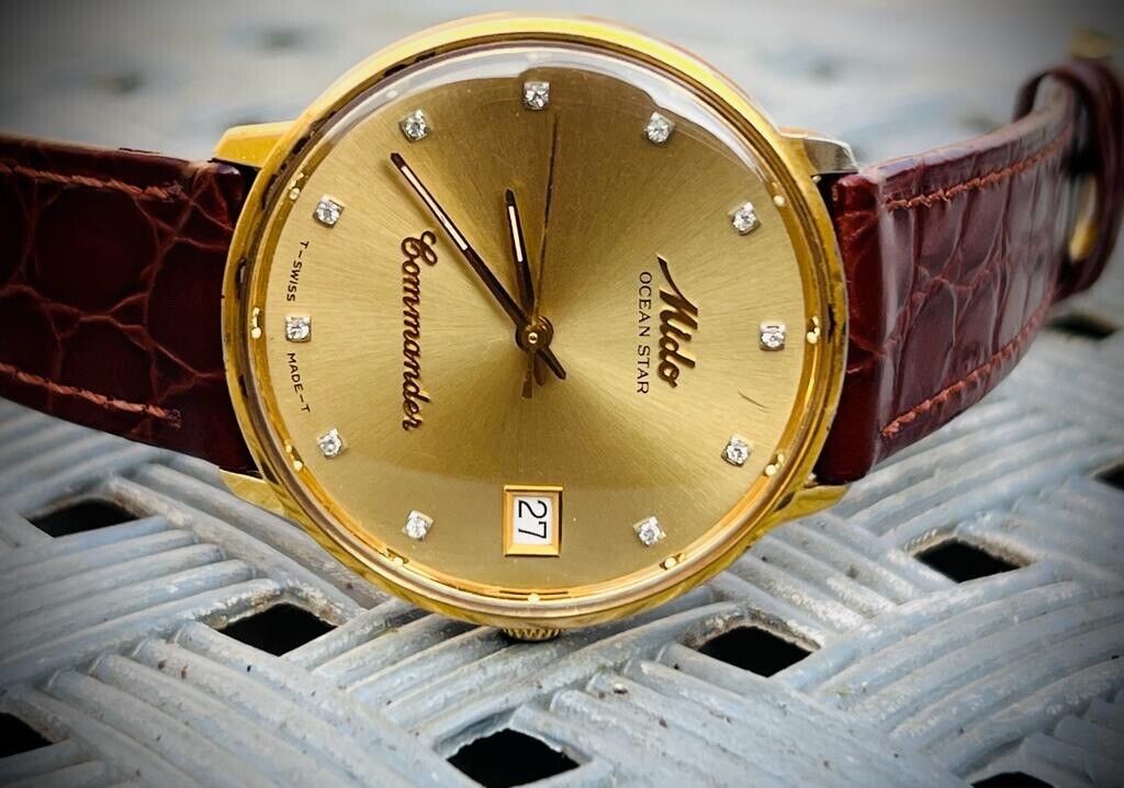 Vintage Mido Ocean Star Commander Diamond Gold Dial Automatic 36mm Swiss NOS - Grab A Watch Co